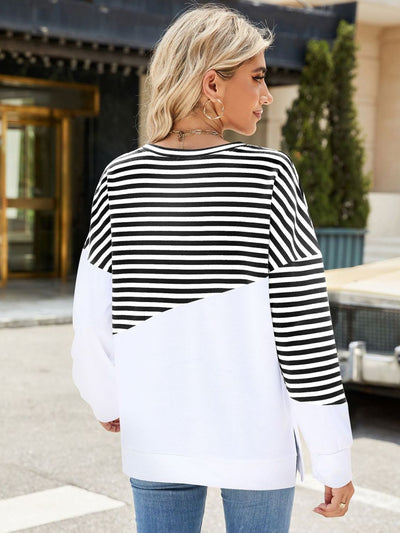 Slit Contrast Striped Long Sleeve Sweatshirt