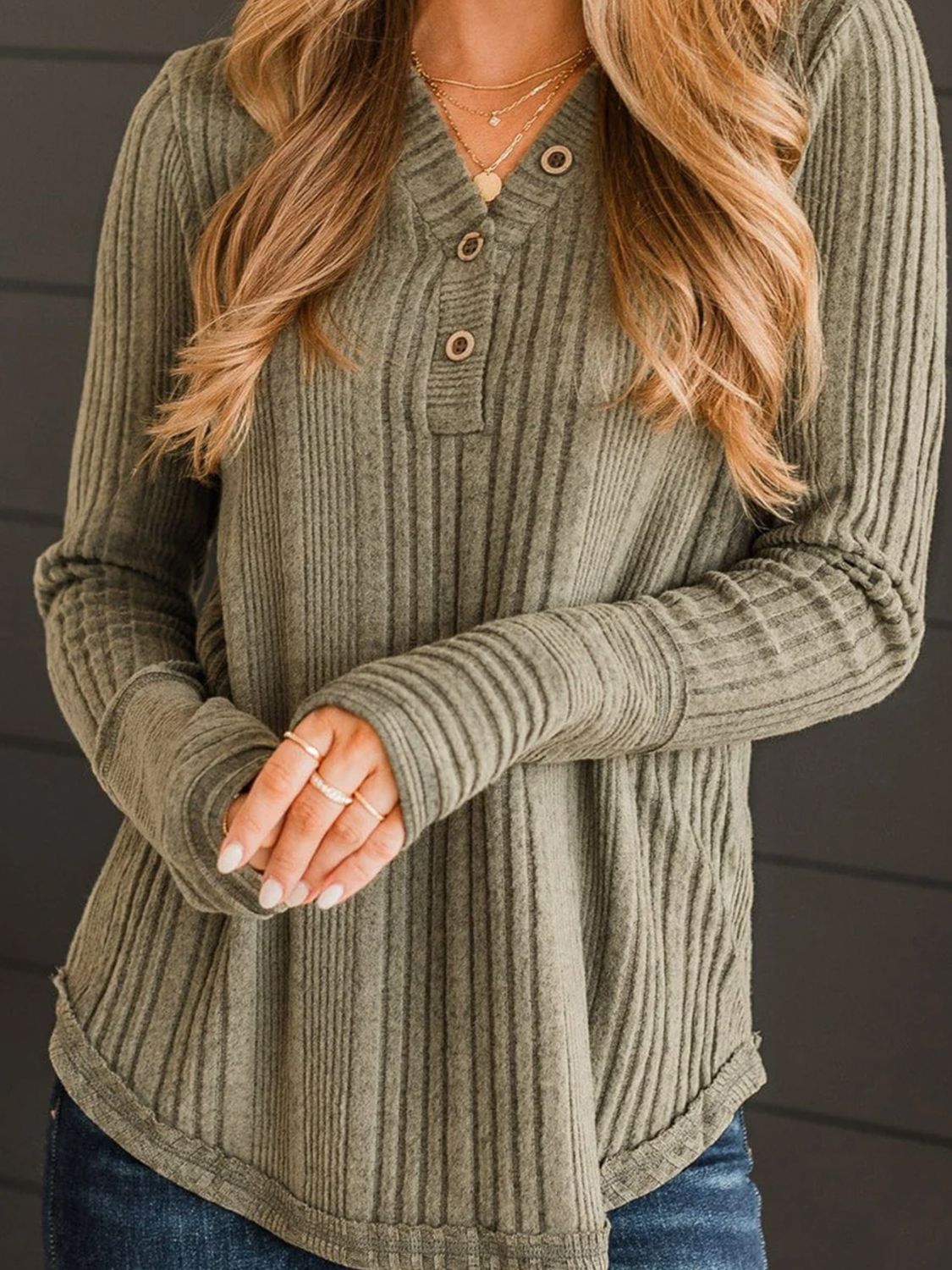 Textured V-Neck Long Sleeve T-Shirt