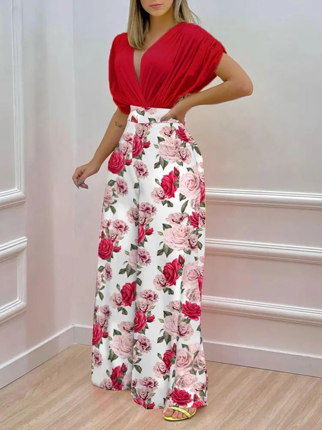 Printed Surplice Top and Wide Leg Pants Set