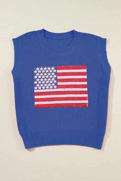 Sequin US Flag Round Neck Sweater Vest