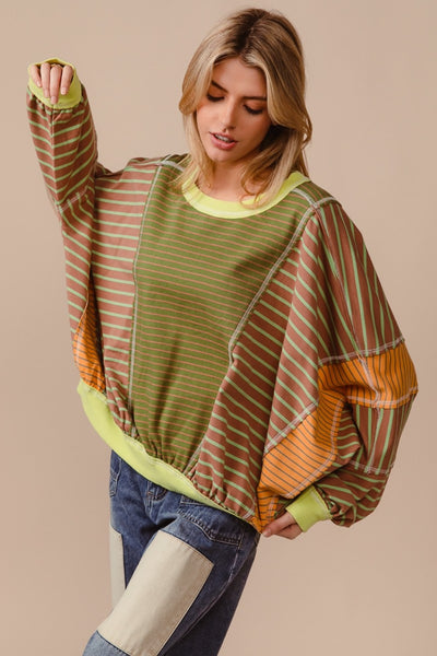 BiBi Color Block Striped Round Neck Sweatshirt