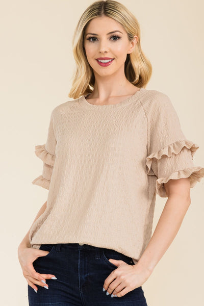 Celeste Full Size Ruffle Short Sleeve Texture Top