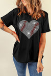 Rhinestone Heart Round Neck Short Sleeve T-Shirt