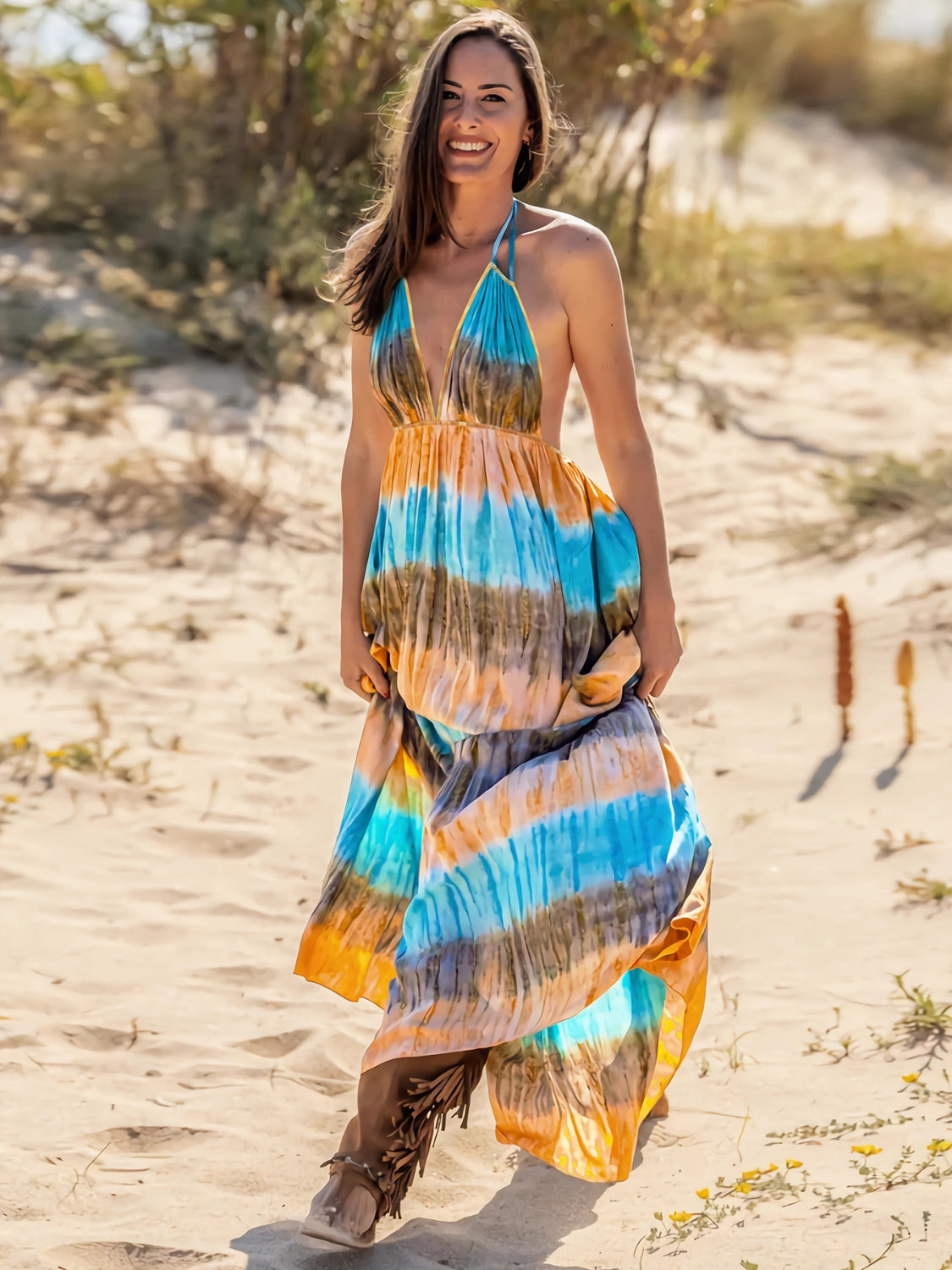 Tie-Dye Halter Neck Sleeveless Dress