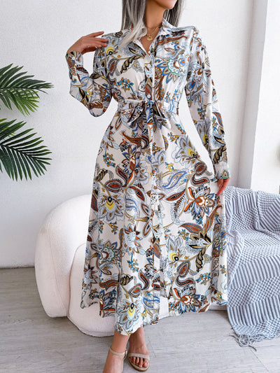 Tied Printed Long Sleeve Midi Dress