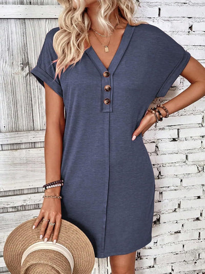 Quarter Button V-Neck Short Sleeve Dress