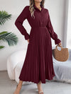 Pleated Half Button Long Sleeve Midi Dress