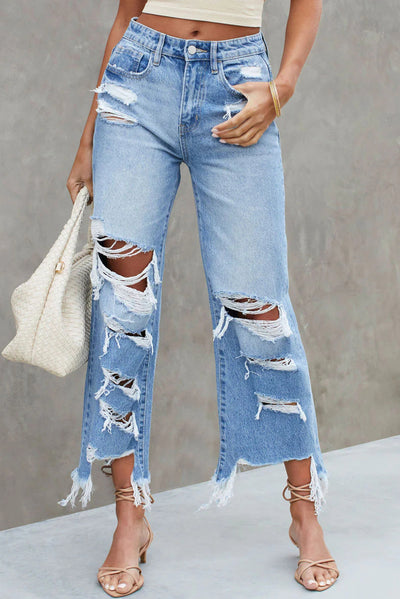 Distressed Raw Hem Jeans with Pockets