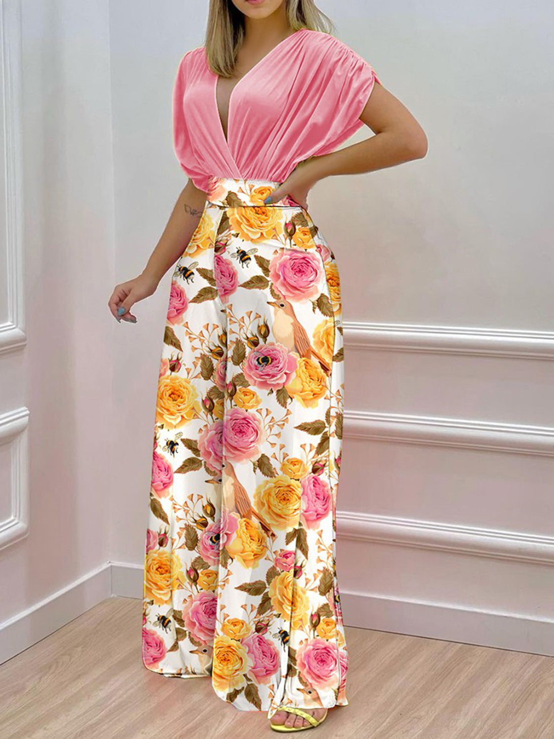 Printed Surplice Top and Wide Leg Pants Set