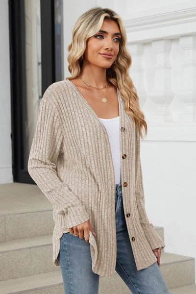 Ribbed Button Up Long Sleeve Cardigan