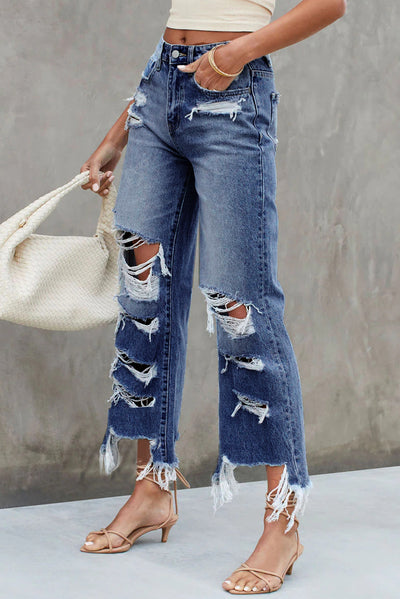 Distressed Raw Hem Jeans with Pockets