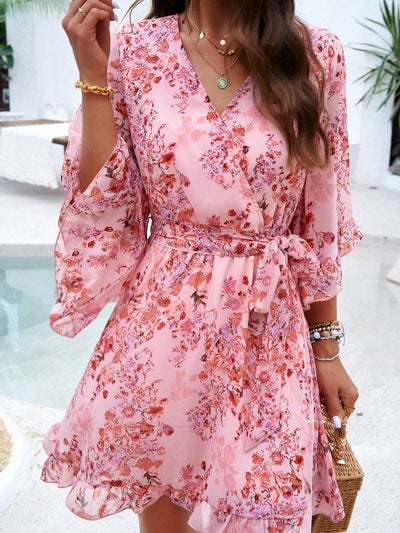 Devine Ruffled Printed Surplice Half Sleeve Mini Dress