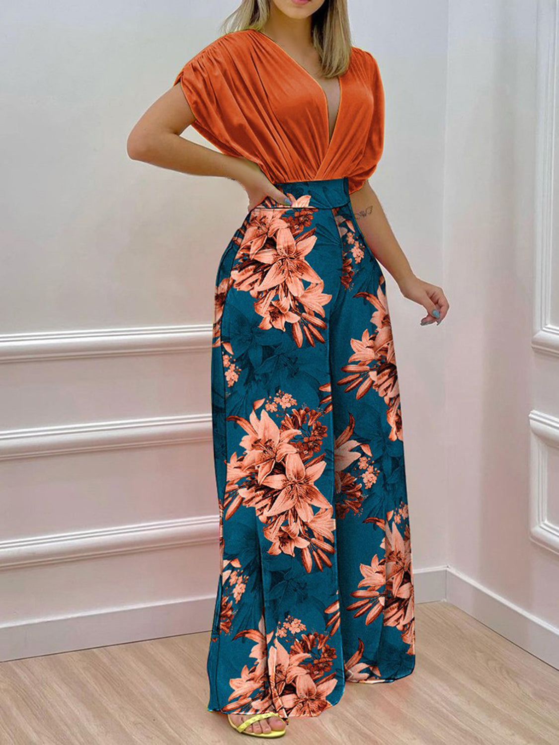 Printed Surplice Top and Wide Leg Pants Set