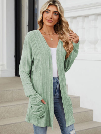 Pocketed Open Front Long Sleeve Cardigan