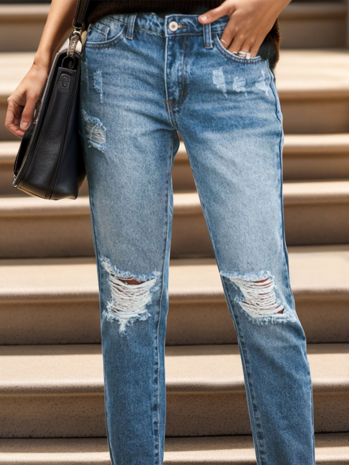 Distressed Raw Hem Jeans with Pockets