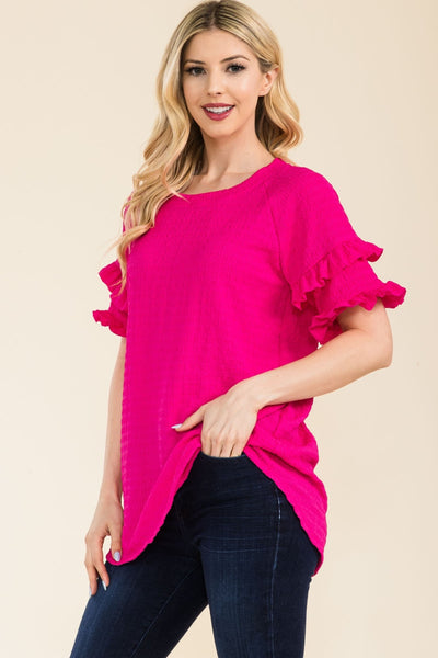 Celeste Full Size Ruffle Short Sleeve Texture Top