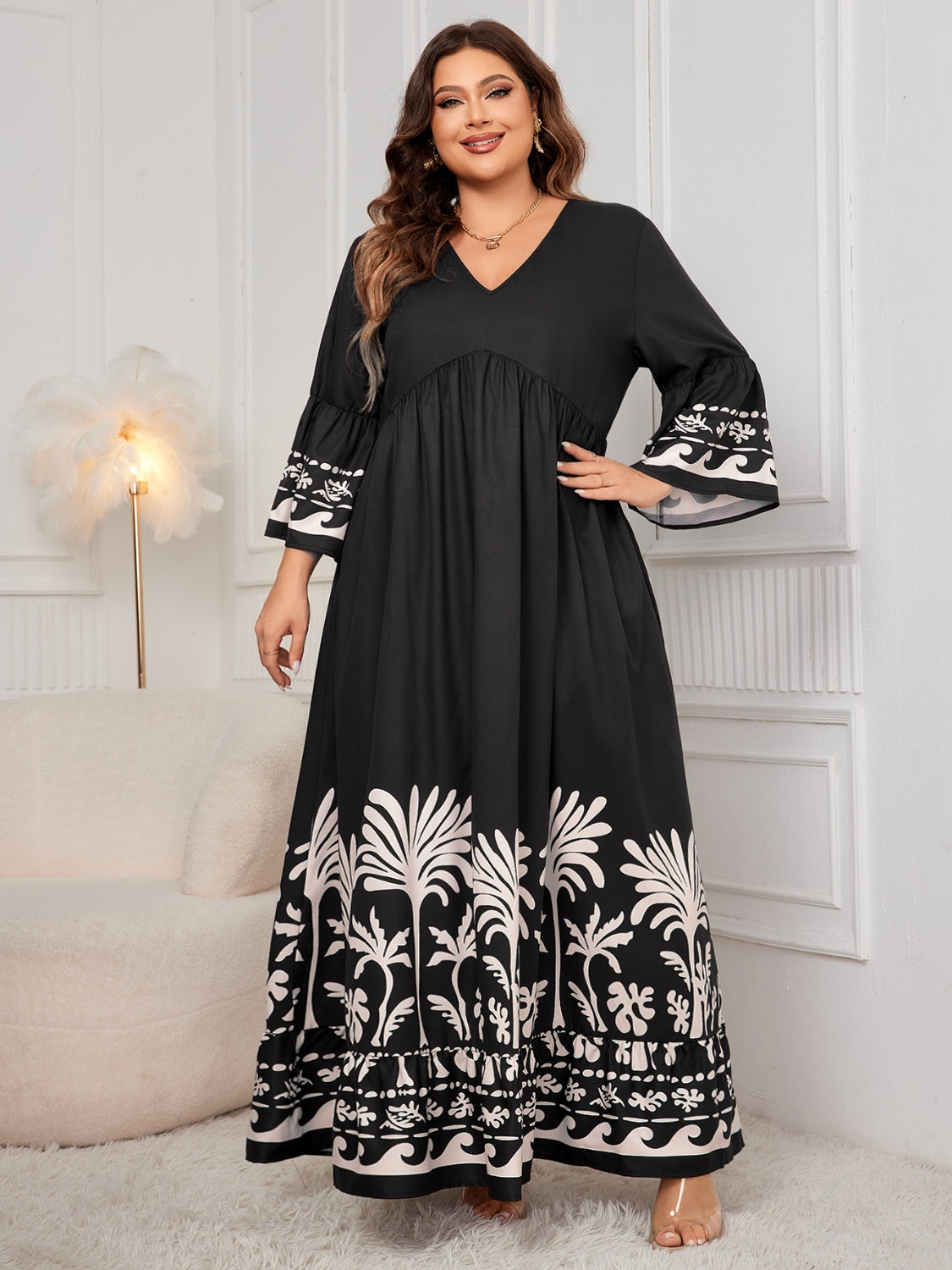 Honey Plus Size Printed V-Neck Long Sleeve Maxi Dress