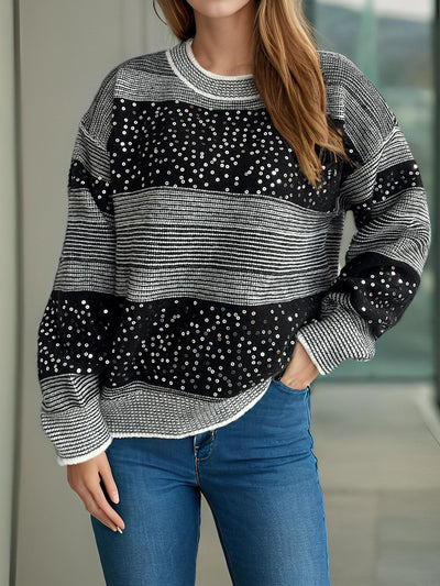 Sequin Color Block Round Neck Sweater