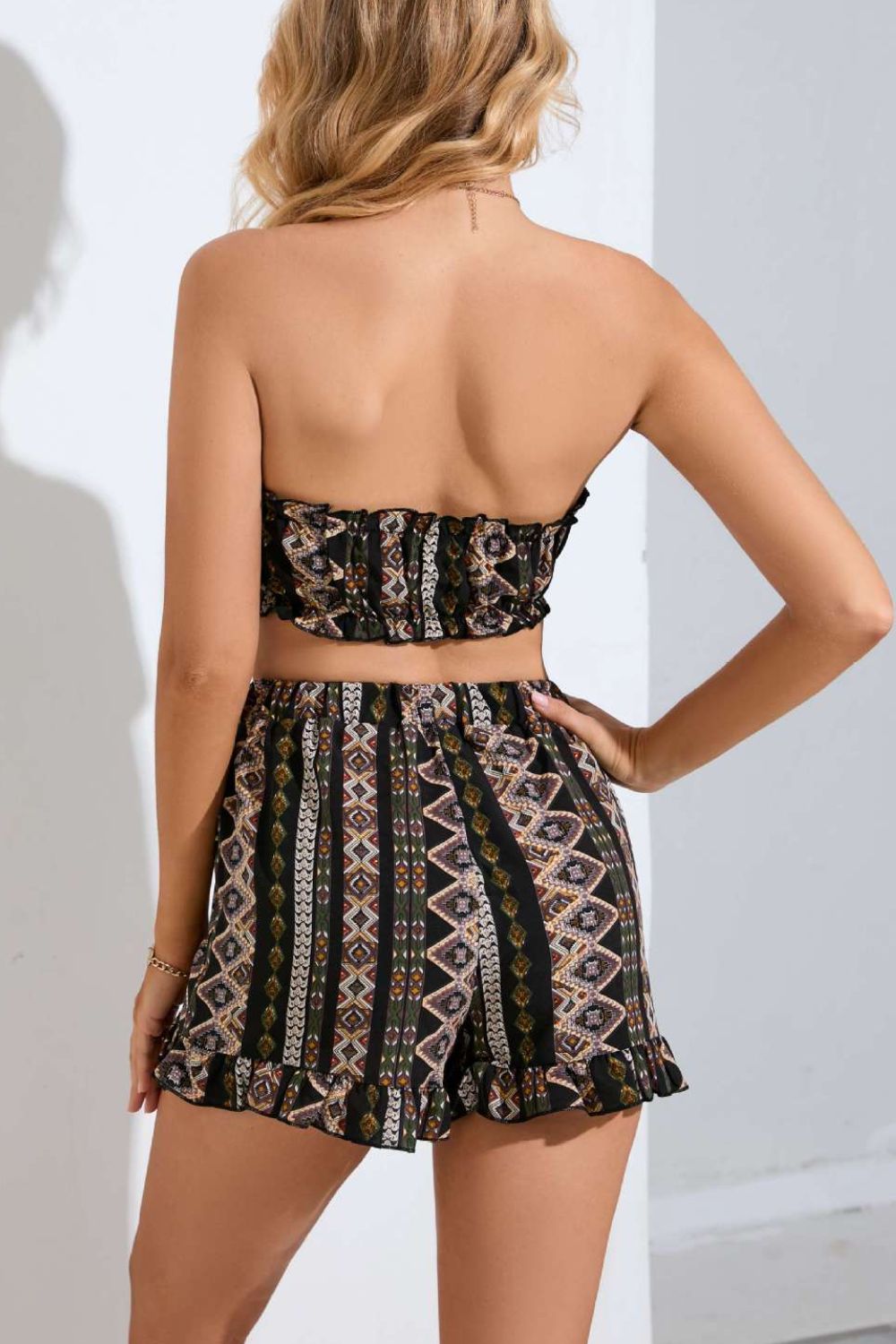 Printed Frill Trim Tube Top and Shorts Set