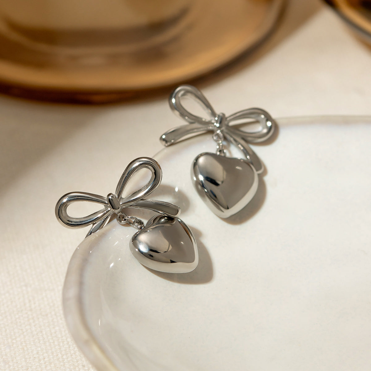 Stainless Steel Bow &amp; Heart Drop Earrings