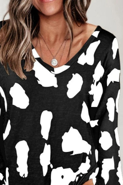 Full Size Printed V-Neck Long Sleeve Top