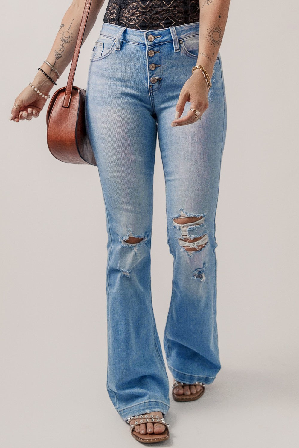 Button-Fly Distressed Flare Jeans