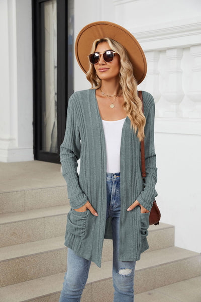 Pocketed Open Front Long Sleeve Cardigan