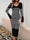 Devine Striped V-Neck Long Sleeve Sweater Dress