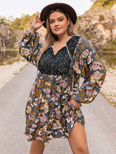 Plus Size Floral Tie Neck Balloon Sleeve Mini Dress