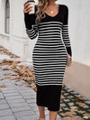 Devine Striped V-Neck Long Sleeve Sweater Dress