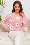 Flower Round Neck Dropped Shoulder Sweater