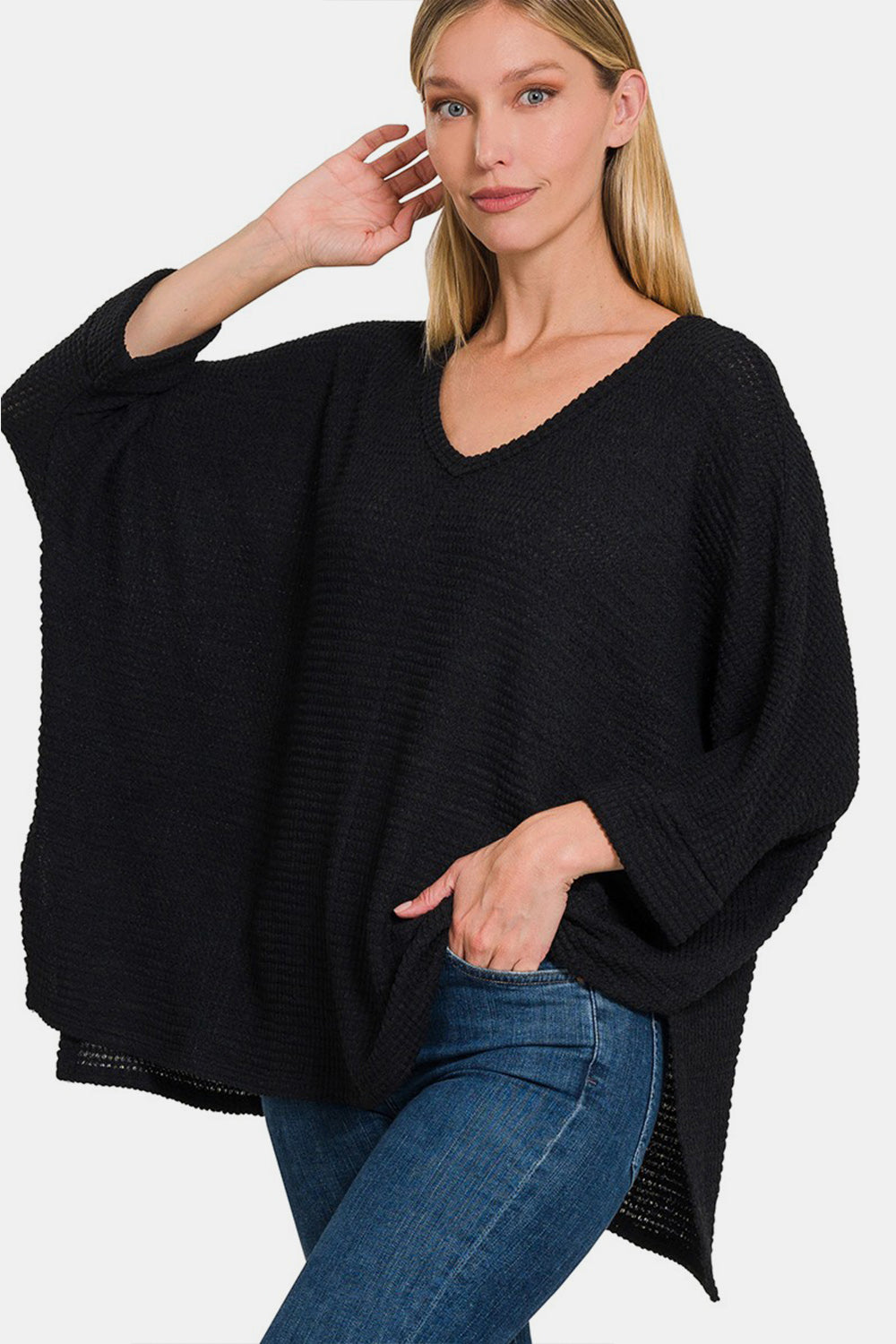 Zenana Full Size Waffle Knit V-Neck Long Sleeve Slit Top