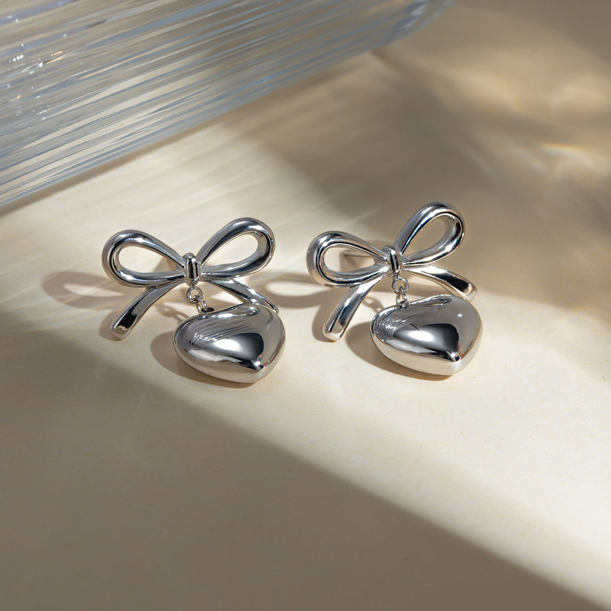 Stainless Steel Bow &amp; Heart Drop Earrings