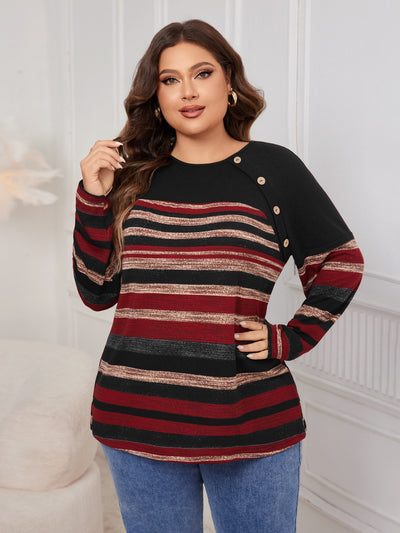 Plus Size Decorative Button Striped Round Neck Long Sleeve T-Shirt