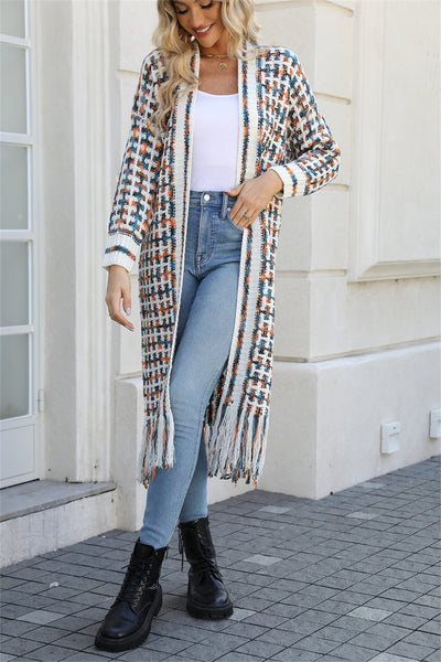 Multicolored Open Front Fringe Hem Cardigan