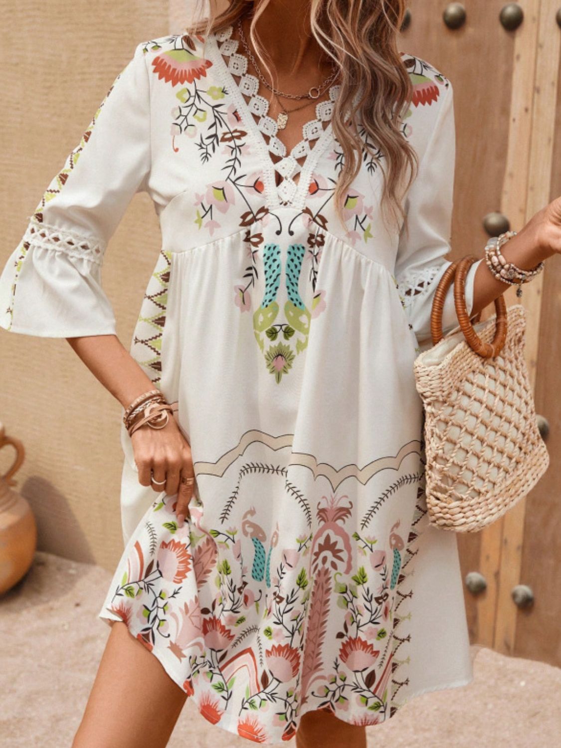 Lace Detail Printed Three-Quarter Sleeve Dress