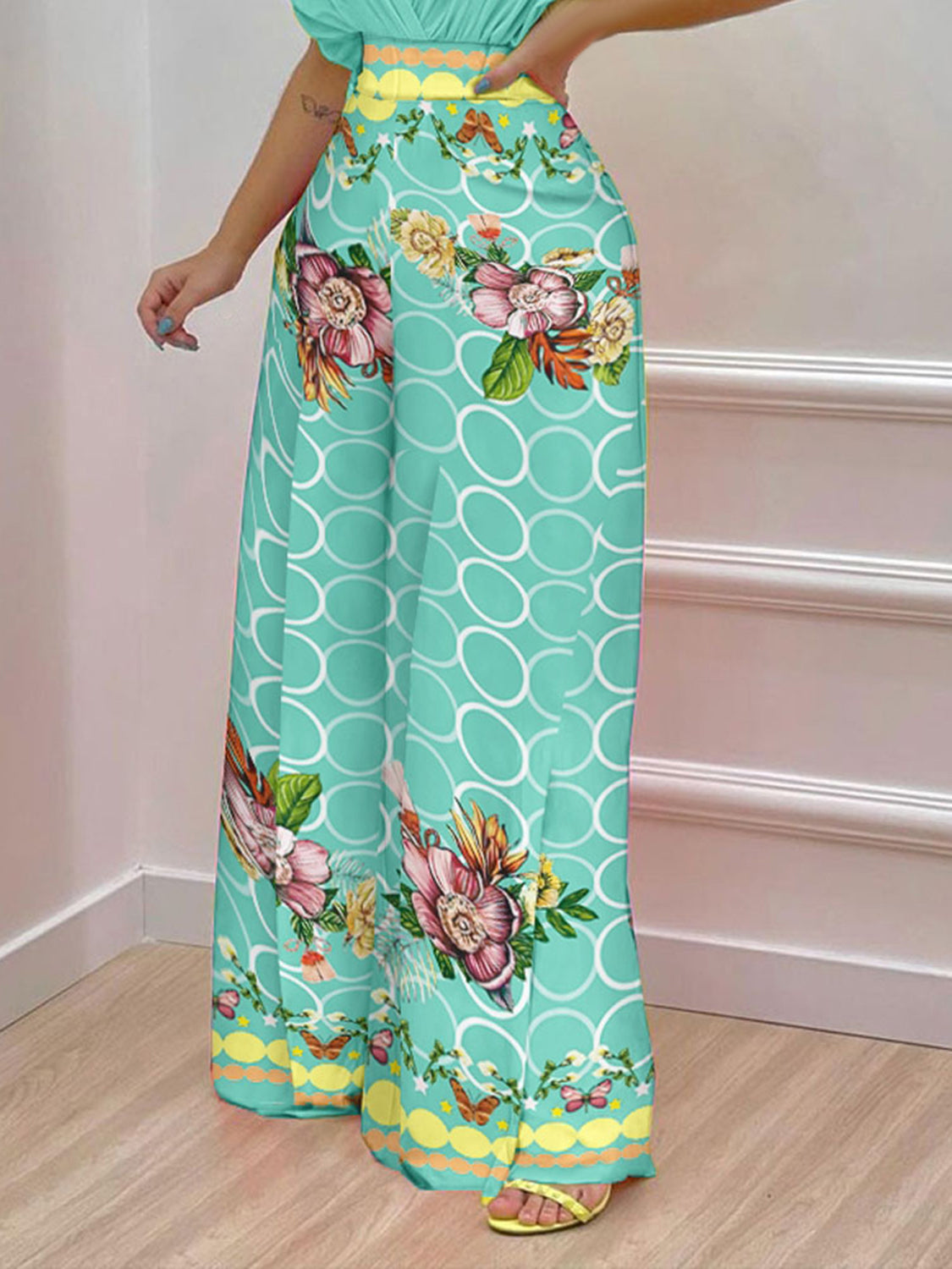 Printed Surplice Top and Wide Leg Pants Set