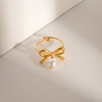 Stainless Steel Pearl Bow Ring