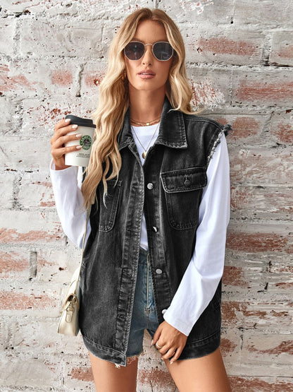 Raw Hem Sleeveless Button Up Denim Jacket