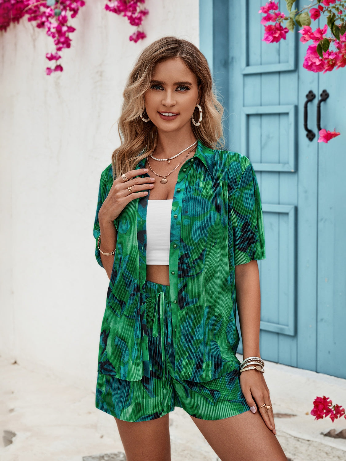 Printed Button Up Half Sleeve Top and Shorts Set