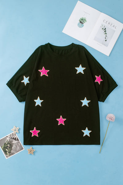 Plus Size Star Round Neck Half Sleeve T-Shirt