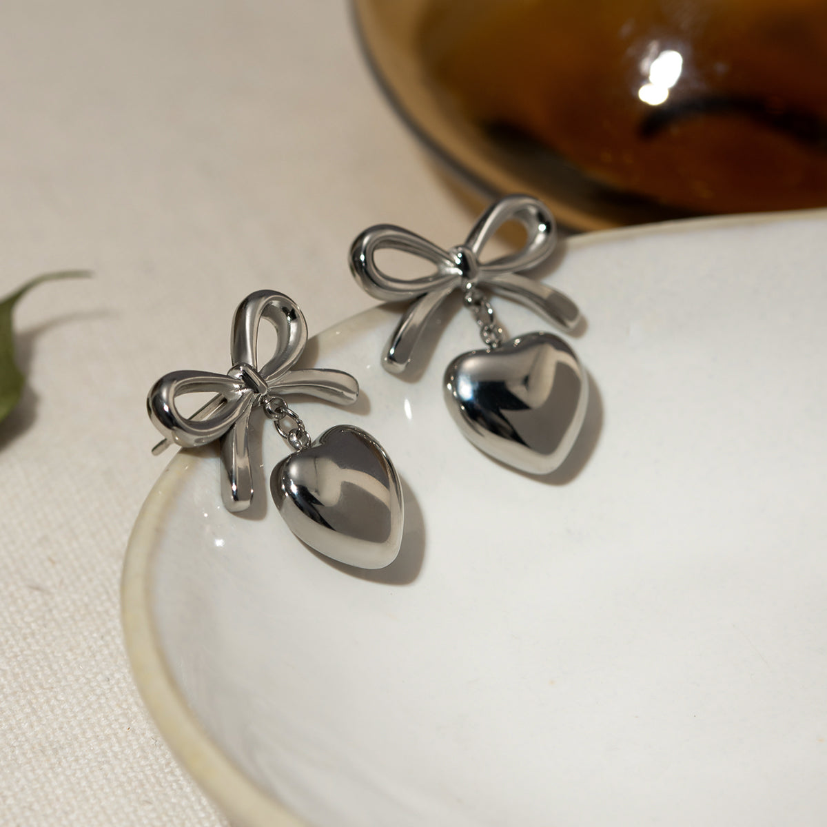 Stainless Steel Bow &amp; Heart Drop Earrings